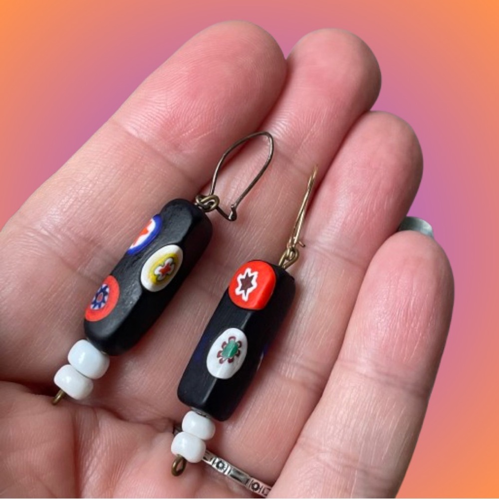 Vintage Murano-style millefiori art glass oblong dangle earrings satin black
